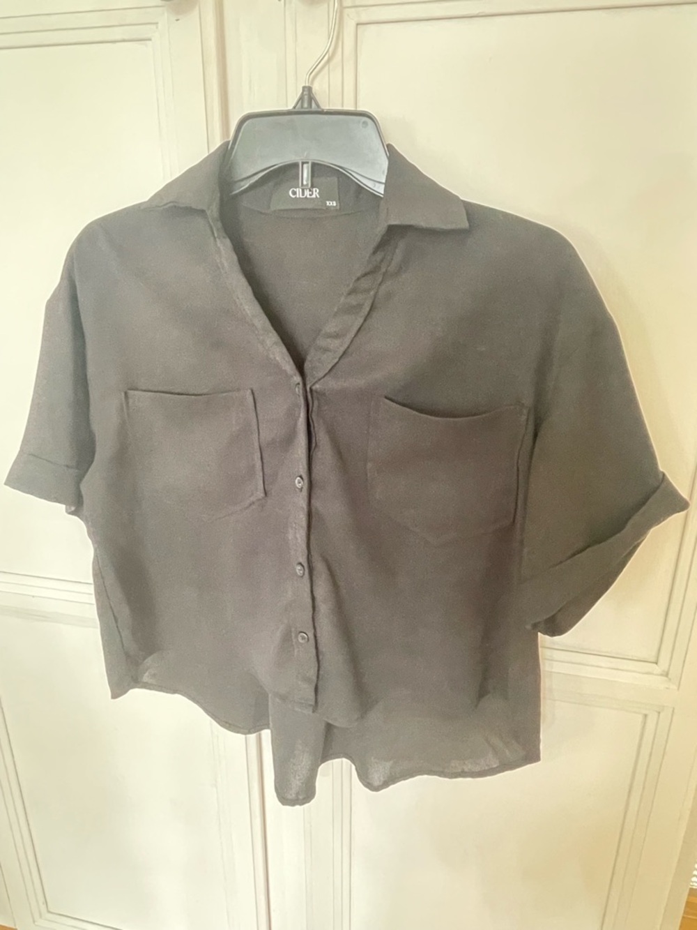 Cider collar pocket button up short sleeve crop blouse black XXS - Picture 5 of 6